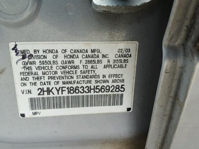 2HKYF18633H569285 - 2003 HONDA PILOT EXL SILVER photo 10