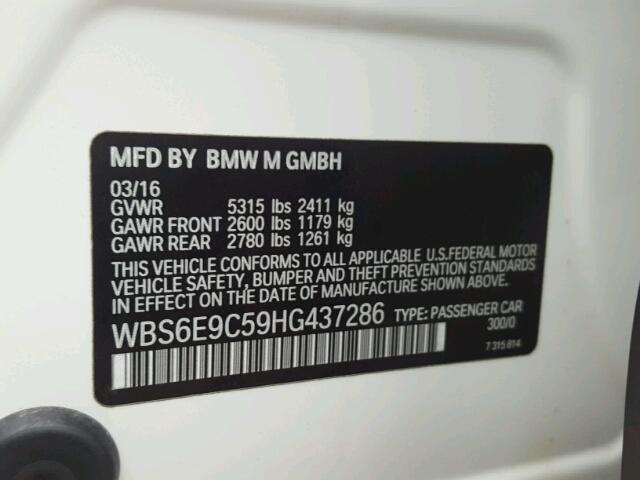 WBS6E9C59HG437286 - 2017 BMW M6 GRAN CO WHITE photo 10