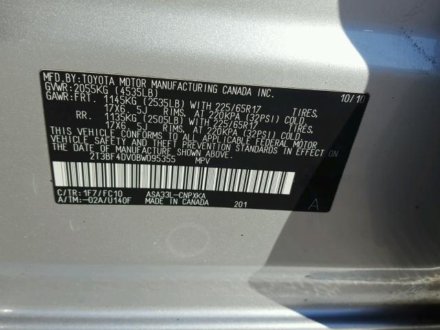 2T3BF4DV0BW095355 - 2011 TOYOTA RAV4 银色 照片 10