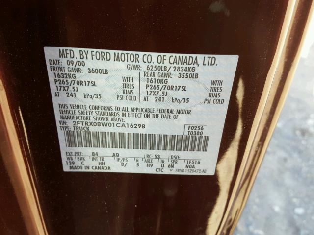 2FTRX08W01CA16298 - 2001 FORD F150 MAROON photo 10