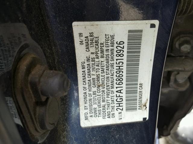 2HGFA16869H518926 - 2009 HONDA CIVIC EX ლურჯი ფოტო 10