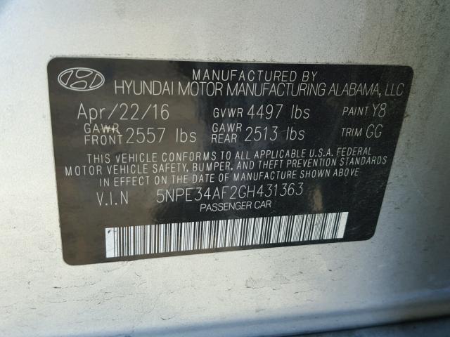 5NPE34AF2GH431363 - 2016 HYUNDAI SONATA SPO SILVER photo 10