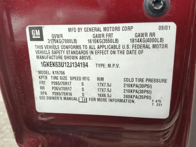 1GKEK63U12J134194 - 2002 GMC DENALI RED photo 10