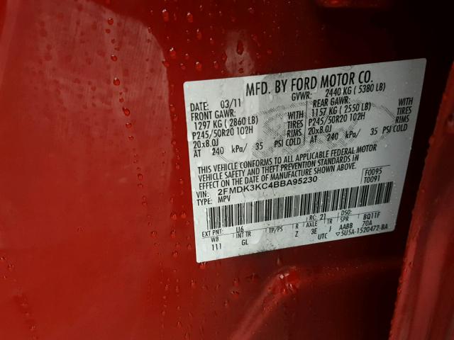 2FMDK3KC4BBA95230 - 2011 FORD EDGE LIMIT RED photo 10