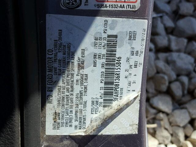 3FAHP08136R155846 - 2006 FORD FUSION SEL SILVER photo 10