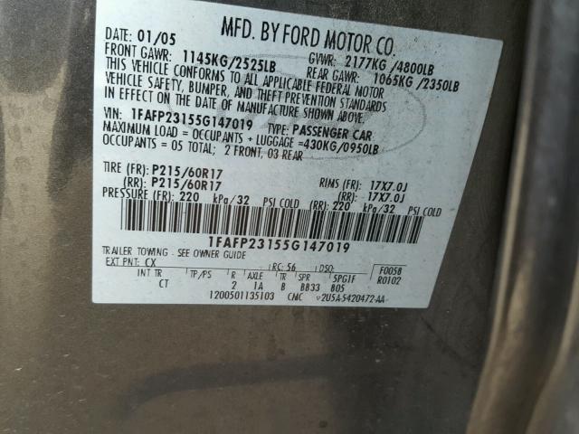 1FAFP23155G147019 - 2005 FORD FIVE HUNDR GRAY photo 10