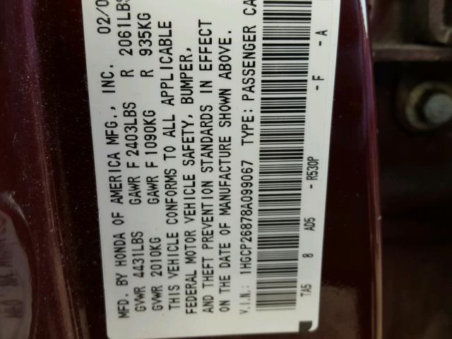 1HGCP26878A099067 - 2008 HONDA ACCORD EXL MAROON photo 10