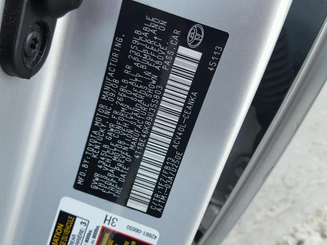 4T1BE46K89U355803 - 2009 TOYOTA CAMRY BASE SILVER photo 10