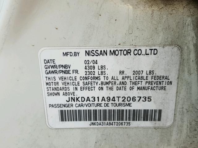 JNKDA31A94T206735 - 2004 INFINITI I35 WHITE photo 10