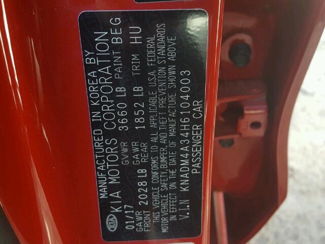 KNADM4A34H6104003 - 2017 KIA RIO LX RED photo 10