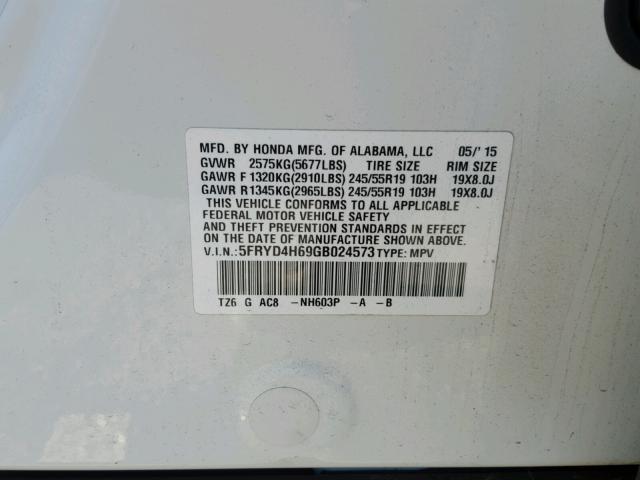 5FRYD4H69GB024573 - 2016 ACURA MDX TECHNO WHITE photo 10