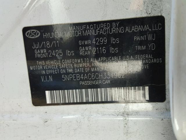 5NPEB4AC6CH334962 - 2012 HYUNDAI SONATA GLS WHITE photo 10