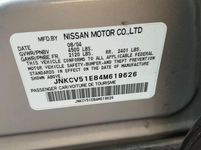 JNKCV51E84M619626 - 2004 INFINITI G35 SILVER photo 10