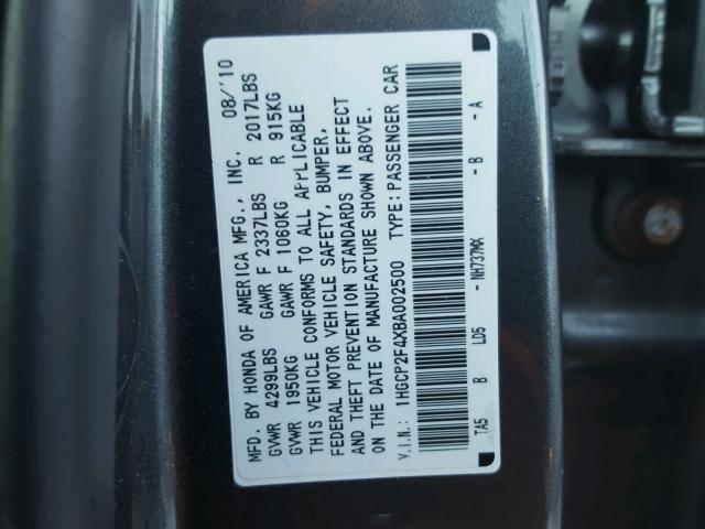 1HGCP2F4XBA002500 - 2011 HONDA ACCORD LXP GRAY photo 10