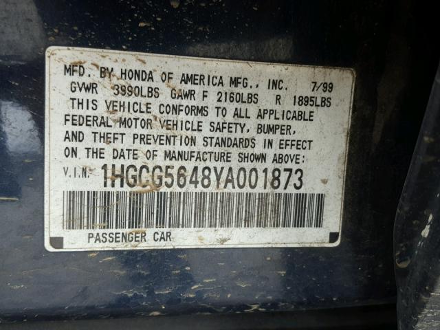 1HGCG5648YA001873 - 2000 HONDA ACCORD LX BLUE photo 10