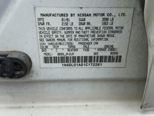 1N4DL01A01C172261 - 2001 NISSAN ALTIMA GXE WHITE photo 10