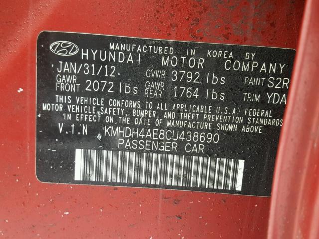 KMHDH4AE8CU438690 - 2012 HYUNDAI ELANTRA GL RED photo 10