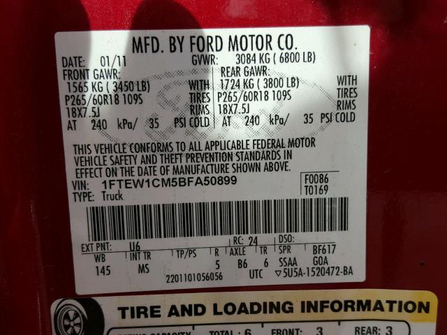 1FTEW1CM5BFA50899 - 2011 FORD F150 SUPER RED photo 10