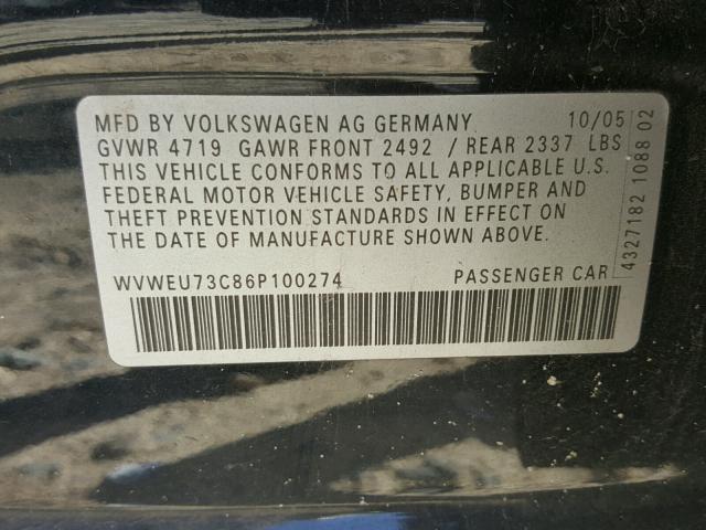 WVWEU73C86P100274 - 2006 VOLKSWAGEN PASSAT 3.6 BLACK photo 10