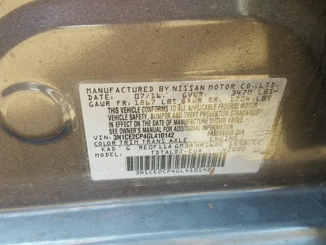 3N1CE2CP4GL410142 - 2016 NISSAN VERSA NOTE GRAY photo 10