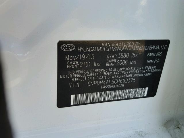 5NPDH4AE5GH699375 - 2016 HYUNDAI ELANTRA SE WHITE photo 10