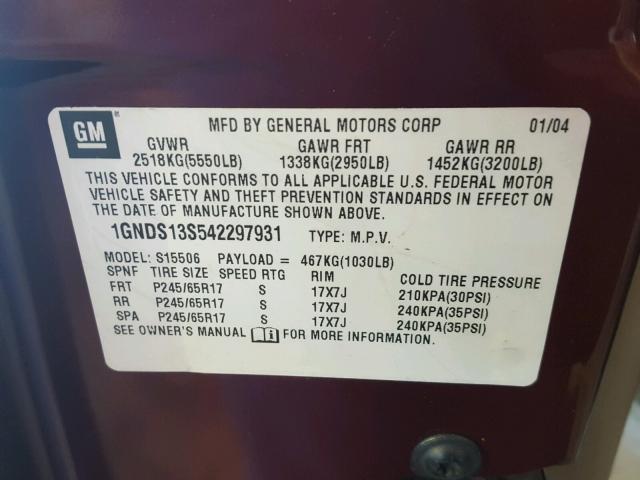 1GNDS13S542297931 - 2004 CHEVROLET TRAILBLAZE RED photo 10