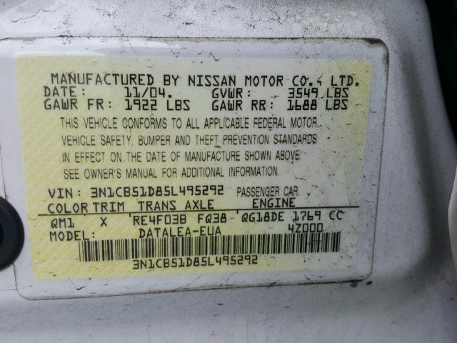 3N1CB51D85L495292 - 2005 NISSAN SENTRA 1.8 WHITE photo 10