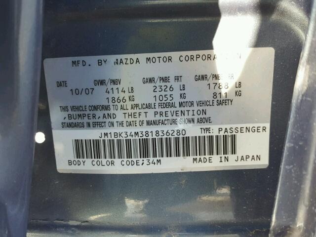 JM1BK34M381836280 - 2008 MAZDA SPEED 3 BLUE photo 10