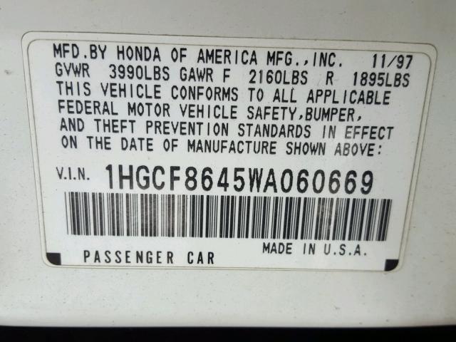 1HGCF8645WA060669 - 1998 HONDA ACCORD DX WHITE photo 10