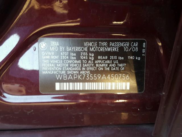 WBAPK73559A450756 - 2009 BMW 328 XI BURGUNDY photo 10