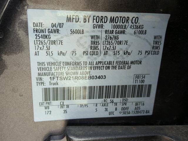 1FTSW21R08EB03403 - 2008 FORD F250 SUPER CHARCOAL photo 10