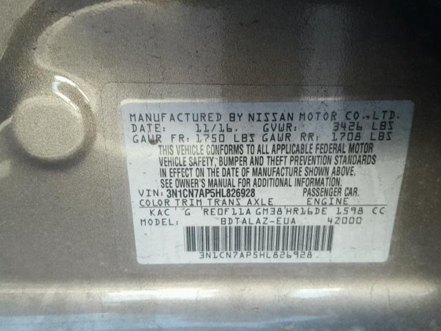 3N1CN7AP5HL826928 - 2017 NISSAN VERSA S CHARCOAL photo 10