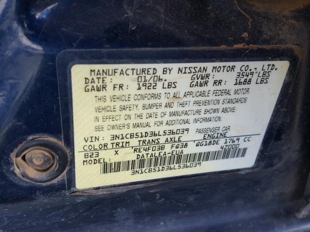 3N1CB51D36L536039 - 2006 NISSAN SENTRA 1.8 BLUE photo 10