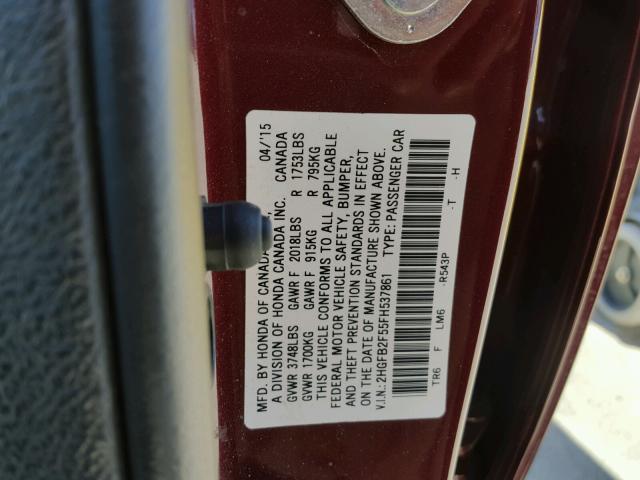 2HGFB2F55FH537861 - 2015 HONDA CIVIC LX BURGUNDY photo 10