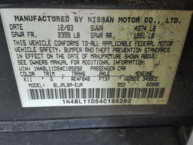 1N4BL11D54C185292 - 2004 NISSAN ALTIMA SE CHARCOAL photo 10