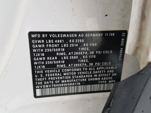 WVGBV75N39W069116 - 2009 VOLKSWAGEN TIGUAN SE WHITE photo 10