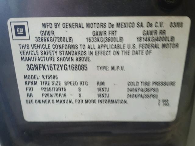 3GNFK16T2YG168085 - 2000 CHEVROLET SUBURBAN K GRAY photo 10