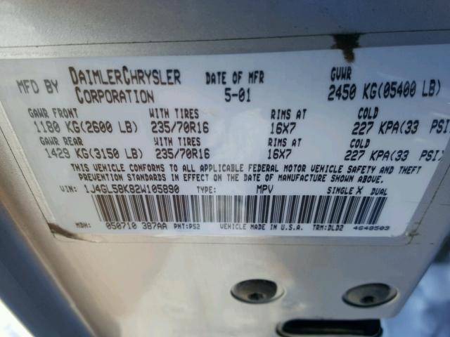 1J4GL58K82W105890 - 2002 JEEP LIBERTY LI SILVER photo 10