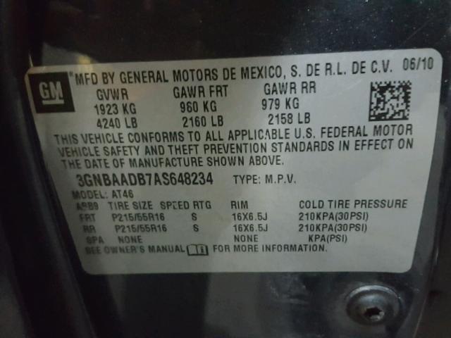 3GNBAADB7AS648234 - 2010 CHEVROLET HHR LS CHARCOAL photo 10