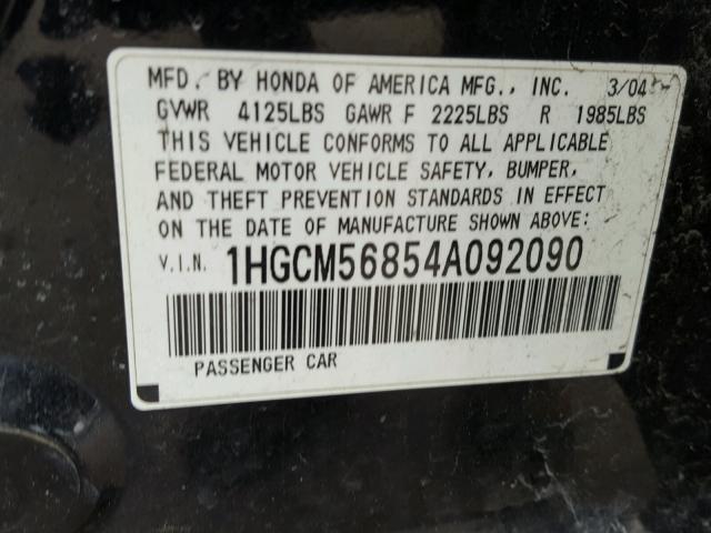 1HGCM56854A092090 - 2004 HONDA ACCORD EX BLACK photo 10