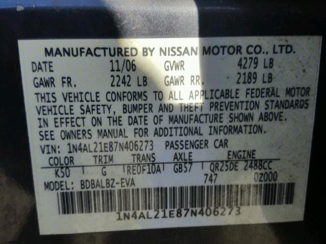 1N4AL21E87N406273 - 2007 NISSAN ALTIMA 2.5 CHARCOAL photo 10