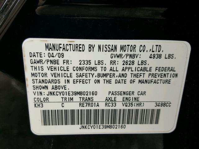 JNKCY01E39M802160 - 2009 INFINITI M35 BASE BLACK photo 10