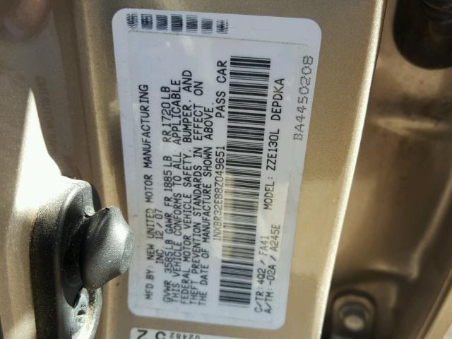 1NXBR32E88Z049651 - 2008 TOYOTA COROLLA CE TAN photo 10