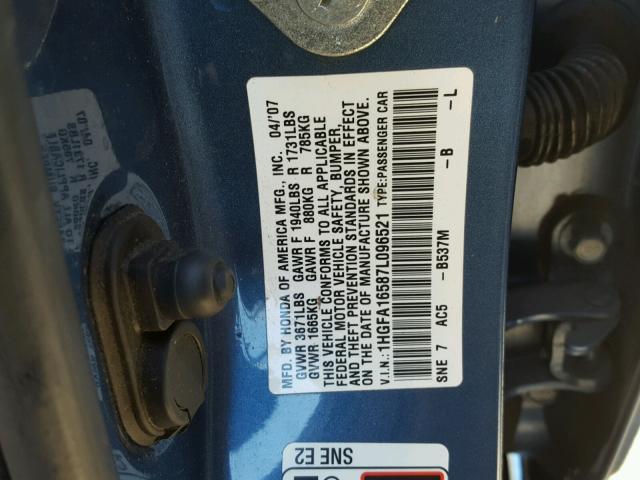 1HGFA16587L096521 - 2007 HONDA CIVIC LX BLUE photo 10