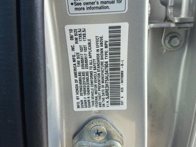 5J6RE3H75AL047904 - 2010 HONDA CR-V EXL GRAY photo 10