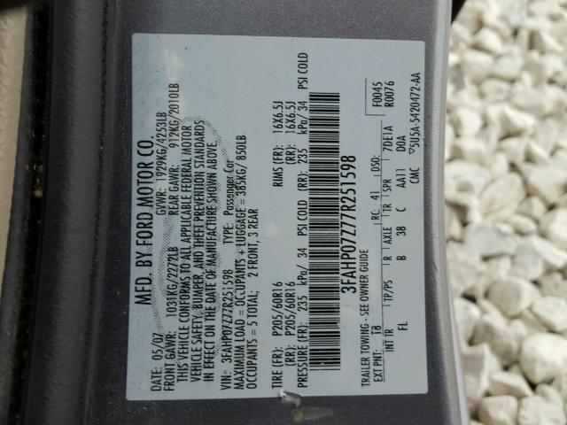 3FAHP07Z77R251598 - 2007 FORD FUSION SE GRAY photo 10