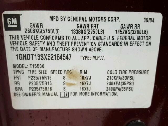 1GNDT13SX52164547 - 2005 CHEVROLET TRAILBLAZE BURGUNDY photo 10