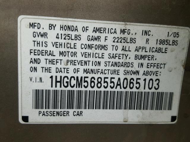 1HGCM56855A065103 - 2005 HONDA ACCORD EX GOLD photo 10