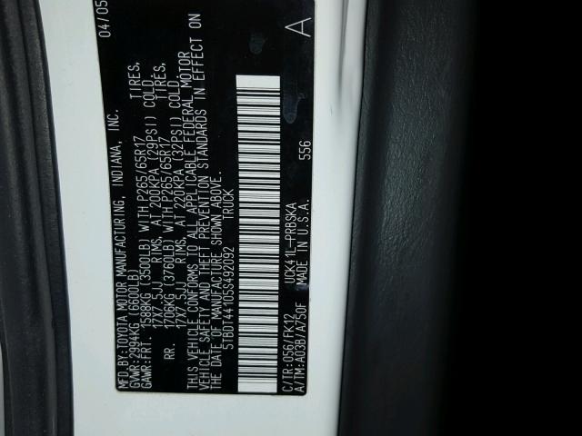 5TBDT44105S492092 - 2005 TOYOTA TUNDRA DOU WHITE photo 10