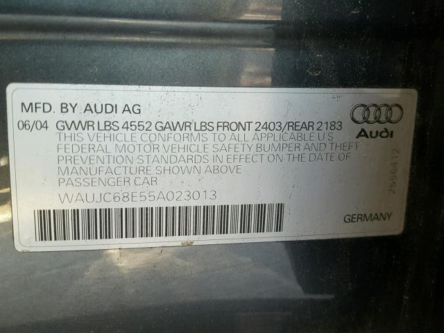 WAUJC68E55A023013 - 2005 AUDI A4 1.8T CHARCOAL photo 10